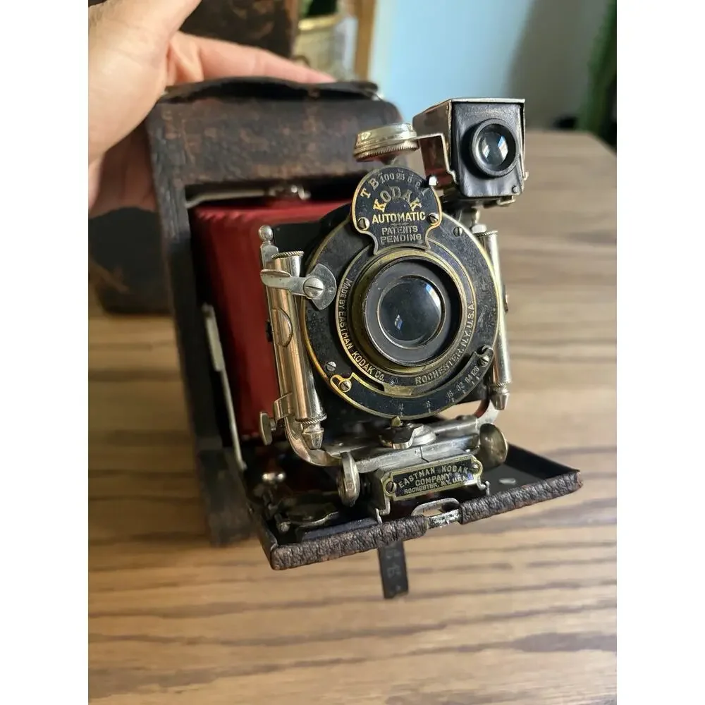 Antique Kodak No. 3 Folding Pocket Camera Model E4 Red Leather Bellows With Case